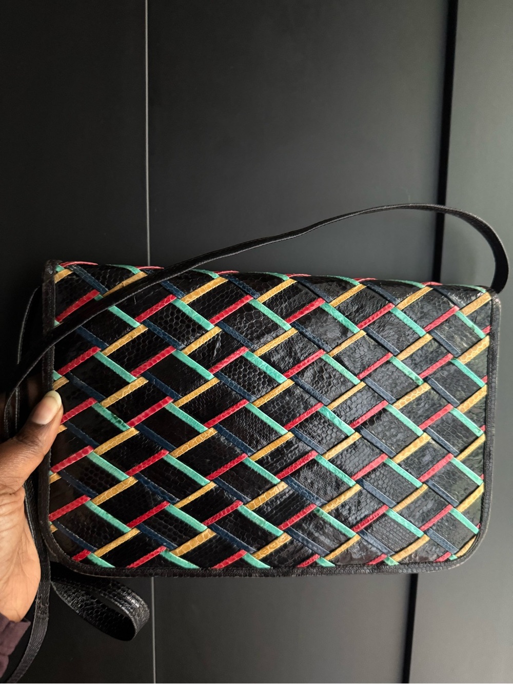 Vintage 80s Woven Leather Crossbody Bag Multicolor Snake Print Purse